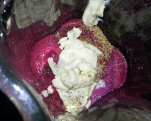 Banana, berries, FOCC (flax oil cottage cheese) smoothie  for Budwig diet
