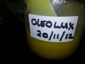 "Oleolux" a garlic and onion infused blend of flaxseed oil and coconut oil.